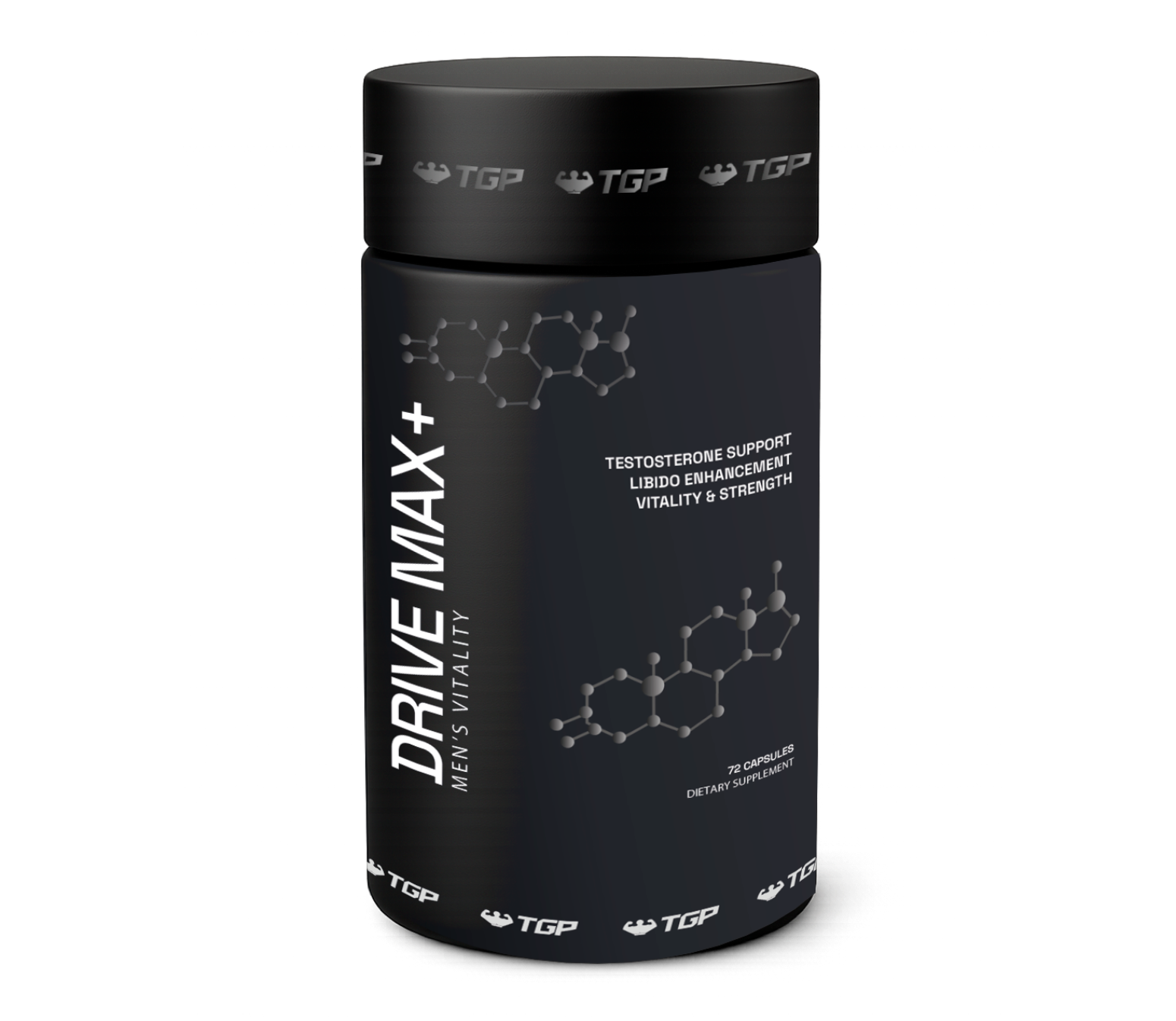 Black supplement container labeled 'Drive Max+' on a white background