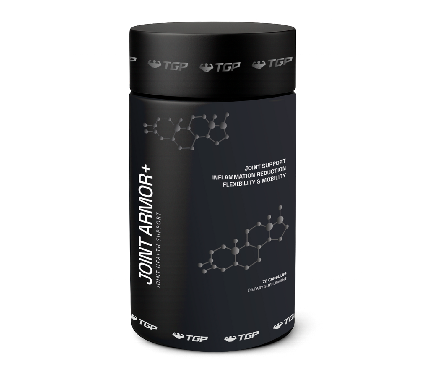 Black supplement container labeled 'Joint Armor+' on a white background