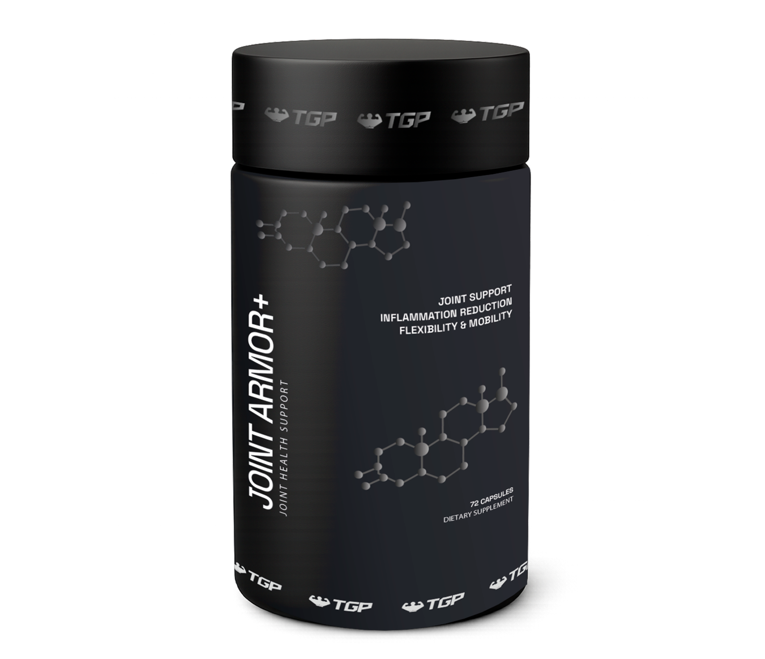 Black supplement container labeled 'Joint Armor+' on a white background