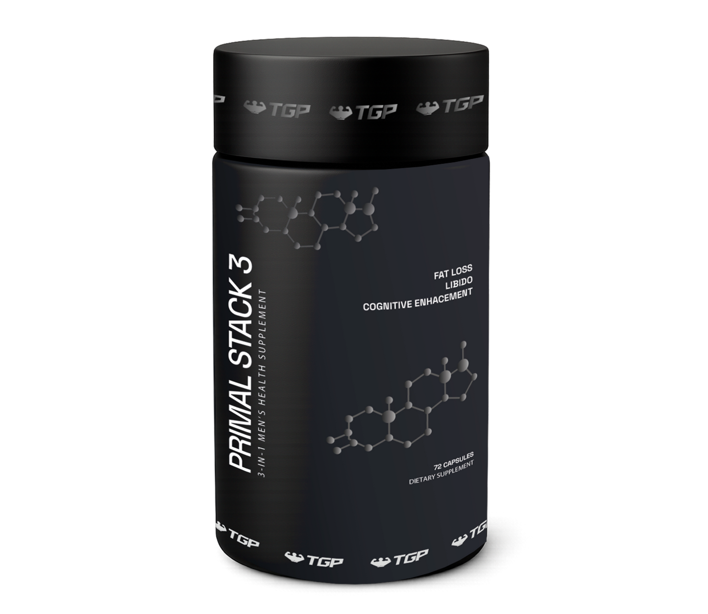 Black supplement container labeled 'Primal Stack 3' on a white background