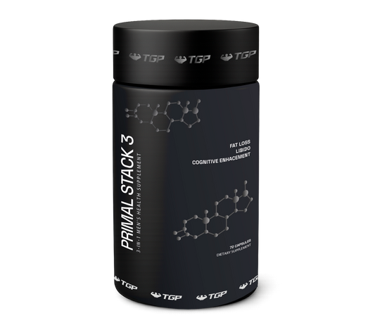 Black supplement container labeled 'Primal Stack 3' on a white background