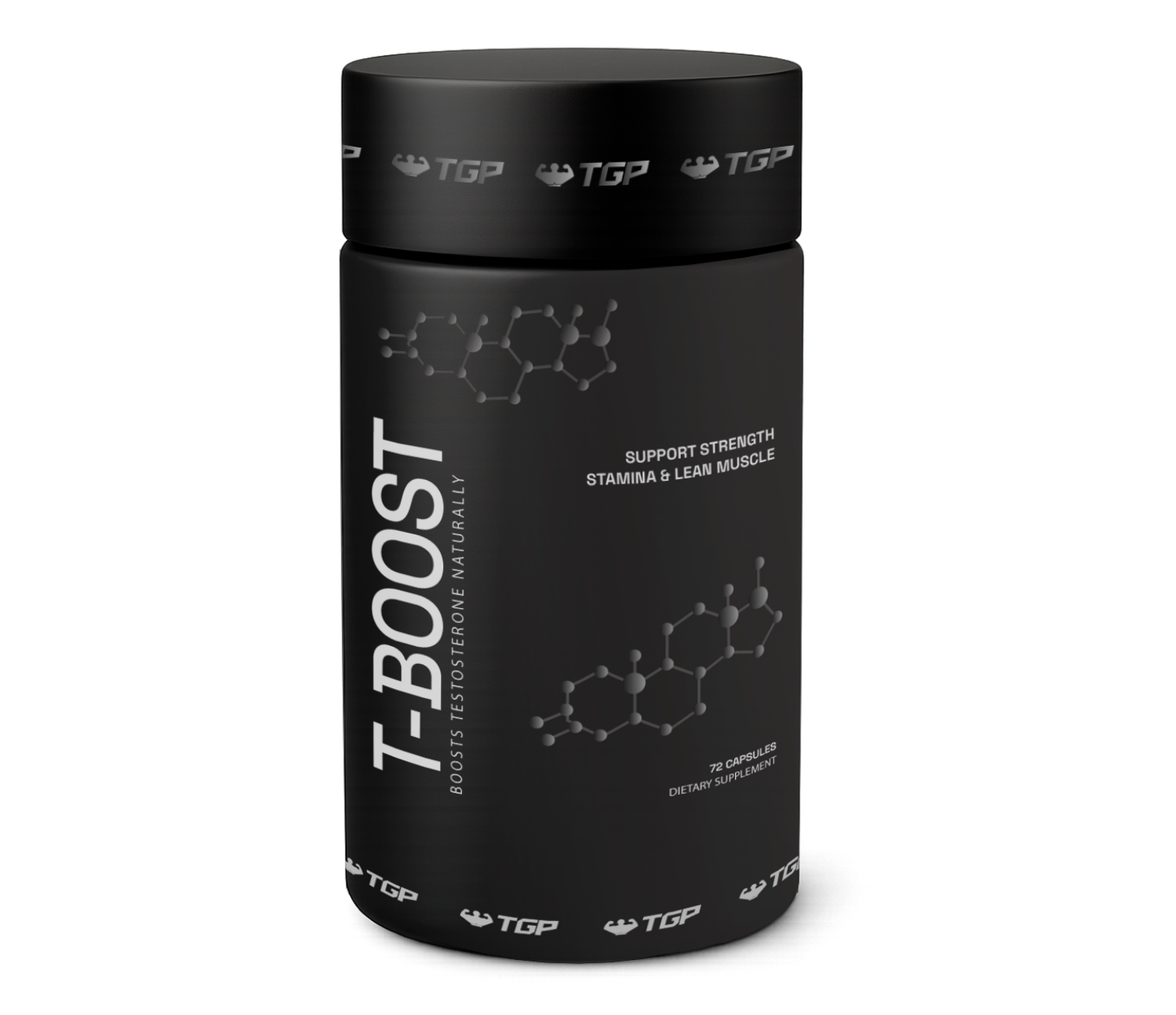 Black supplement container labeled 'T-Boost' on a white background
