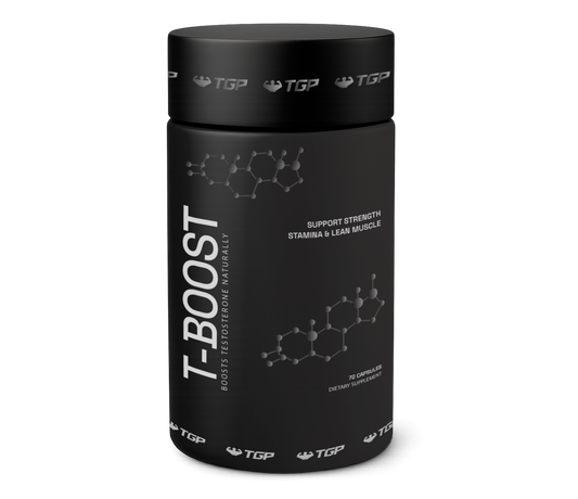 Black supplement container labeled 'T-Boost' on a white background