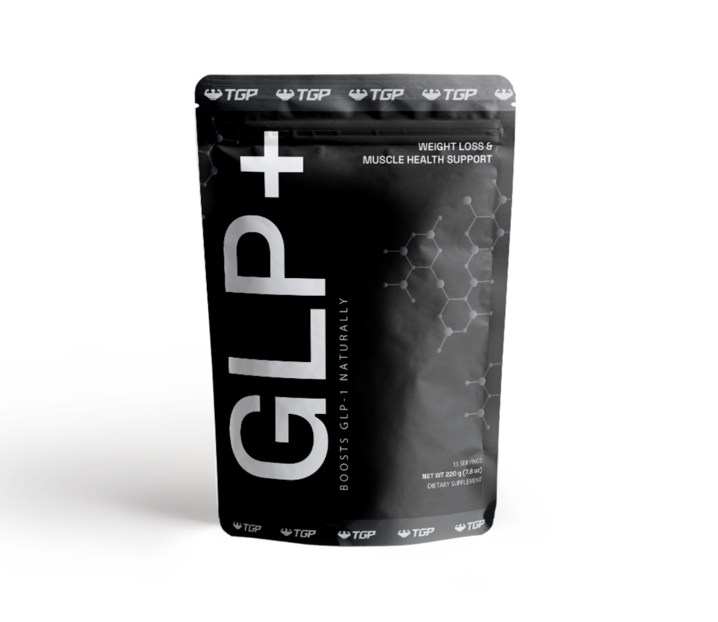 Black supplement package labeled 'GLP+' on a white background