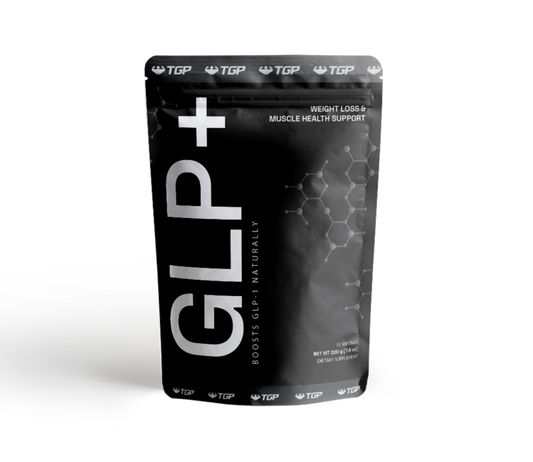 Black supplement package labeled 'GLP+' on a white background