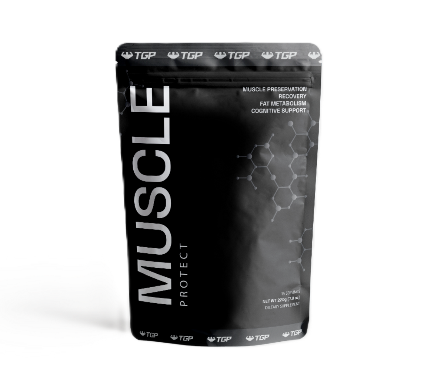 Black supplement package labeled 'MUSCLE PROTECT' on a white background