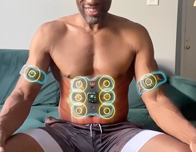 Place PowerAbs on your abs (the gel pads stick comfortably to your skin)