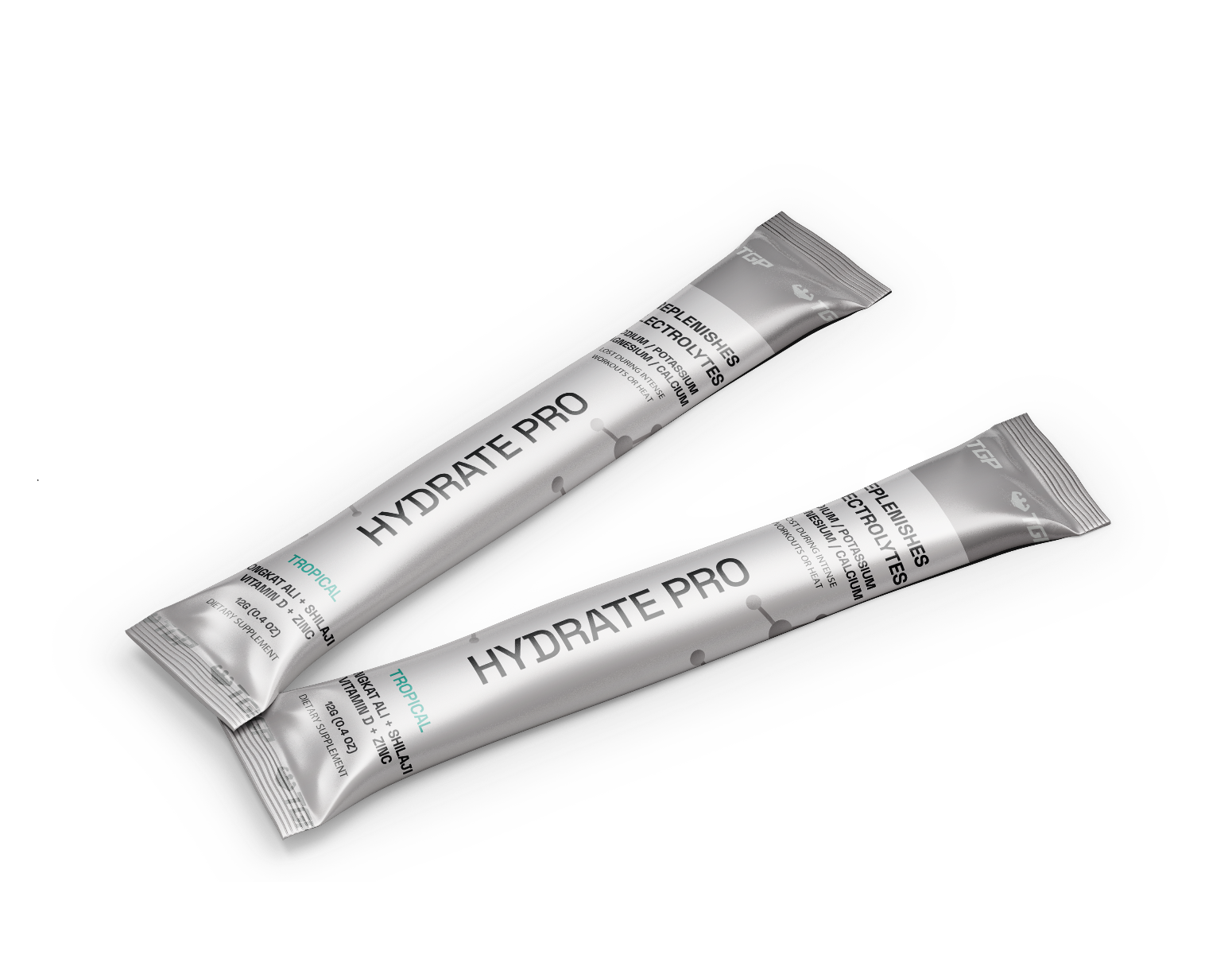 Two 'Hydrate Pro' packets on a white background